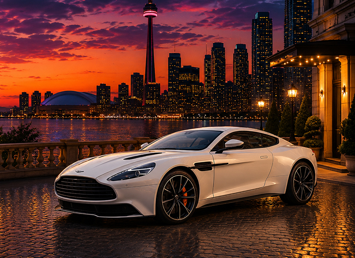 White rental car overlooking the city skyline at sunset